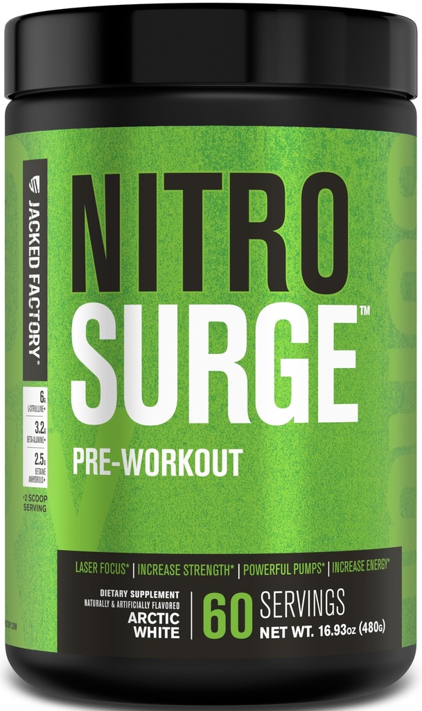 Jacked Factory NITRSURGE PreWOUT Supplement - 无穷能源,即时强力增益,清晰焦点,强度泵 - NO助推器和强力预发能源粉 - 60 services, 北极白