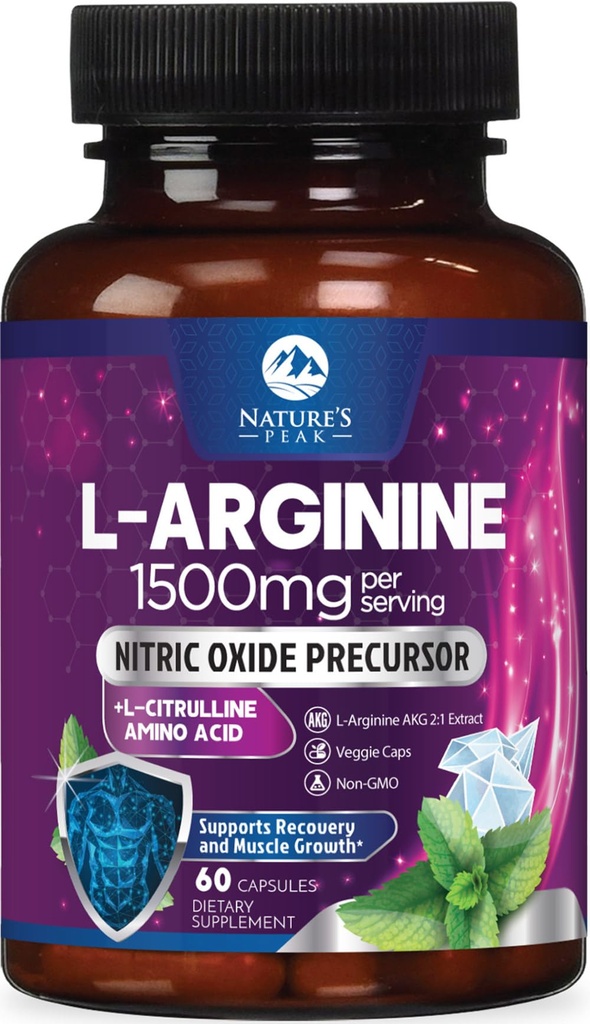 L-Arginine Complex - 超强氮氧化物助推剂补充剂 - 天然心脏健康和肌肉支持的Premium Energy Blend - 非GMO,为男女制造,瓶装美国 - 60 Capsules