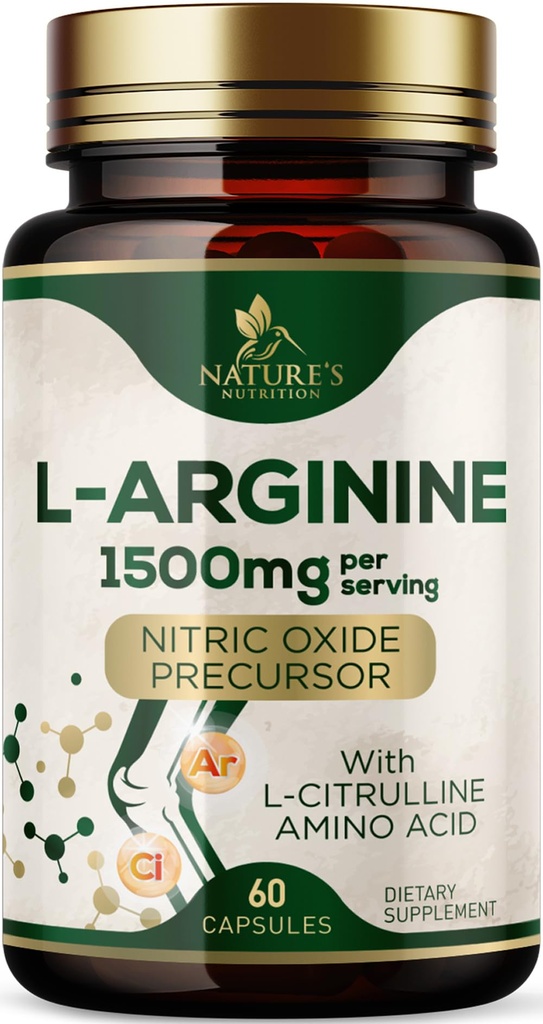 L-Arginine 外加L-Citrulline - 肌肉支持天然氮氧化物前体促进剂 - 心脏健康支持 - 男子氨酸能量混合剂,美国瓶装 - 60 Capsules