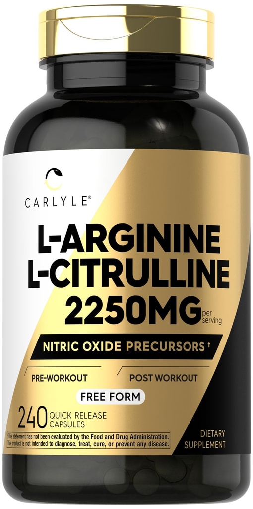 Carlyle L-Arginine L-Citrulline 补充 + 2250 mg → 240 Powder Capsules → Nitric Oxide 前体 → 自由形式 → 非GMO 和 Gluten Free