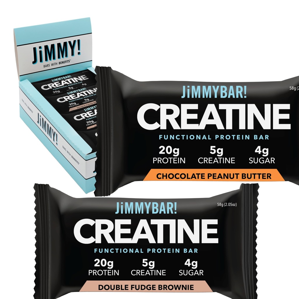 (NEW) 吉米耶巴尔! Creatine蛋白棒 - 5g of Creatine Monohydrate + 20g 蛋白棒 - 高蛋白棒 - 支持肌肉生长,强力和复苏 - 运动员真正的食品能量棒 - 12 巧克力花生酱 + 12 Fudge Brownie Variety Pack (24巴)