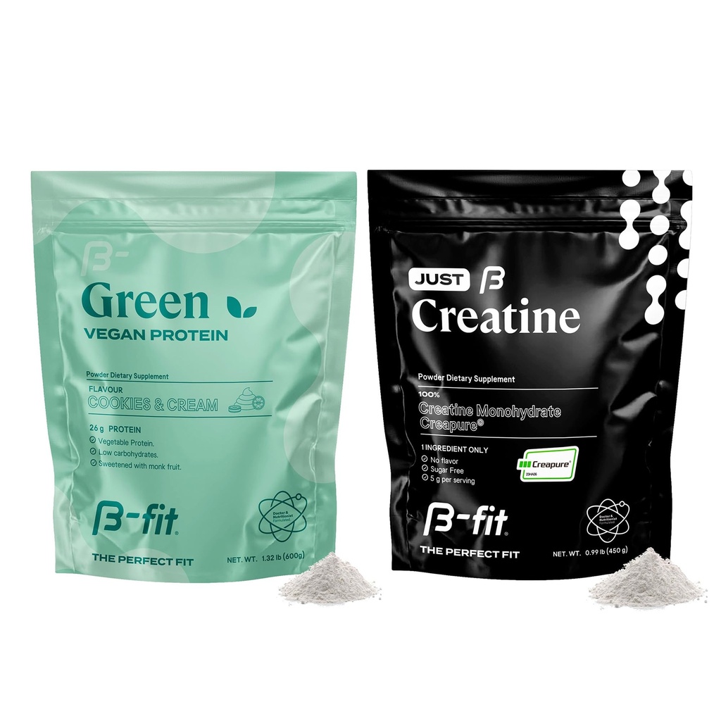 B-FIT B Vegan 蛋白质 + Just Creatine - Pea 蛋白质 粉末 600g - 植物基蛋白摇摆 - 氯酸单水合物 粉末 - 90 services - 450g