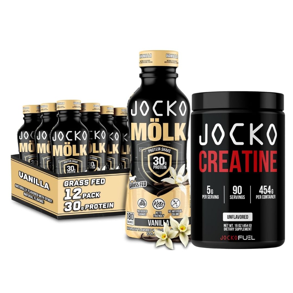 Jocko Mölk Grass Fed Protein Shakes - 准备饮用(12包) 香草 + Jocko Creatine