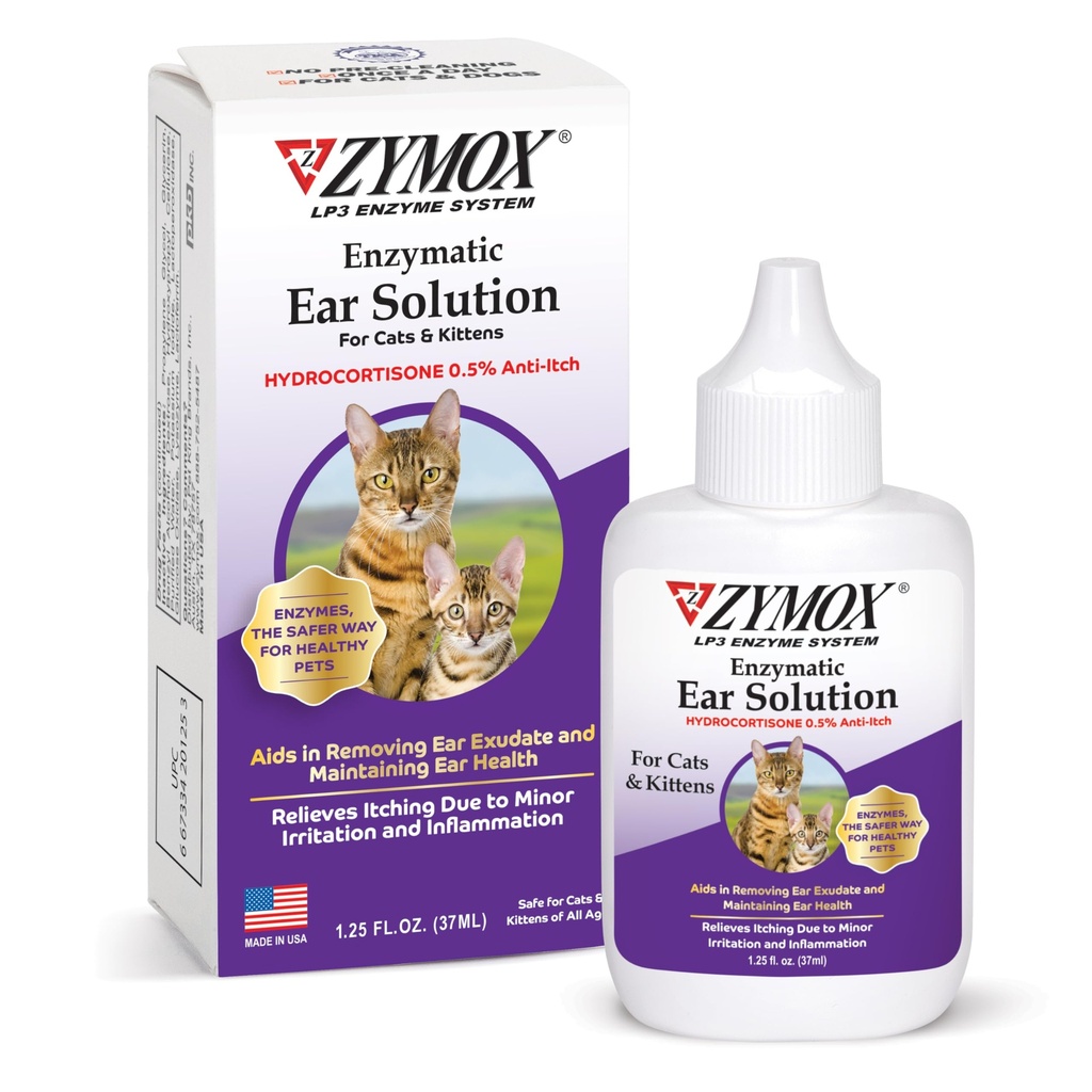 Zymox酶溶液用0.5%的Hydrocortisone给猫和猫,1.25 oz. – Cleans & Represses Ear Canal for Relief from Wax, Dirt Build, Itchiness, Iritation, Information & Redness (英语:Hydrocortisone for Cats & Kittens, 1.25 oz.) – 清洁和刷新耳运河从蜡, Dirt building, Itchiness, Iritation, Infmation & Redness 中解毒液化酶酶溶液化反应