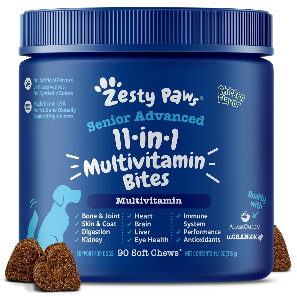 Zesty Paws 老年狗多维他明治疗法 - 用于狗的Glucosamine + 消化酶和Probiotics - 谷物自由狗维他命和用于皮皮和皮炭+免疫健康鸡的补品 - 高级 - 90厘米