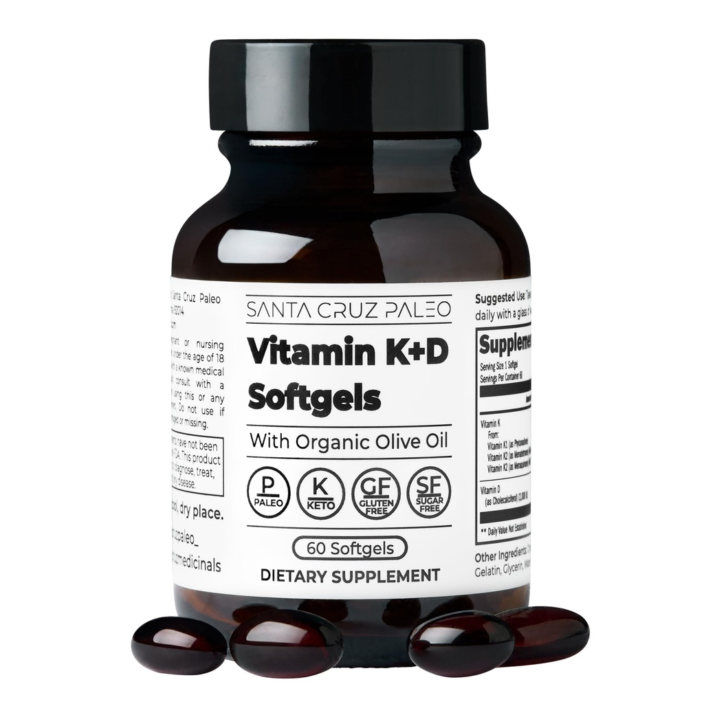 Santa Cruz Paleo Vitamin K2 + D3 Softgels,每日配有有机橄榄油的辅料,包括维生素K1和两种形式的K2,支持心和骨健康,Gluten Free,Sugar Free,Paleo,Keto,60 Counter