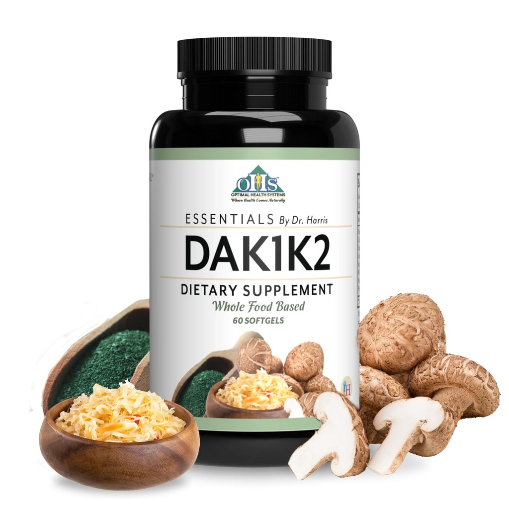 最佳卫生系统 基本DAK1K2 维生素D3 + A + K1 + K2 免疫支持 骨质健康 和心脏健康 → 维生素D W/MK-7 → 5000 IU → (非GMO,全食,无糖) 60 软胶
