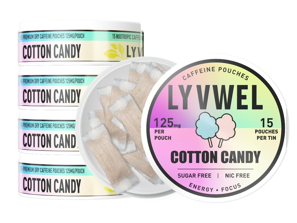 LyvWel 125mg Cafeine Energy Pouches – 带有瓜拉纳Focus & Stamina的清洁能源 – 5-Pack(75总邮袋)(5包,棉花糖)