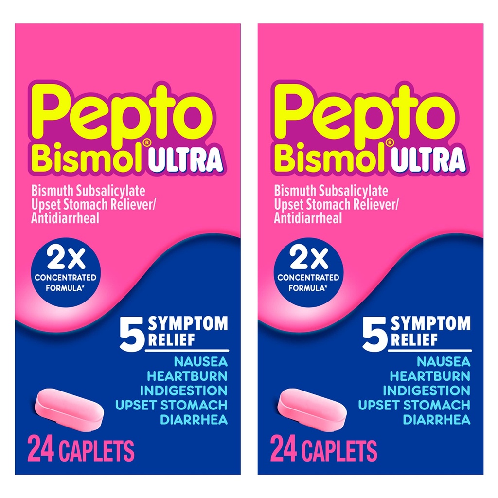 Pepto Bismol ULTRA Caplets, Upset Stomach Relief, Nausea Relief, Heartburn Relife, 消化不良救济, 成人抗腹泻药剂 - 5 symptom Relief, 48 ct (2x24 ct)