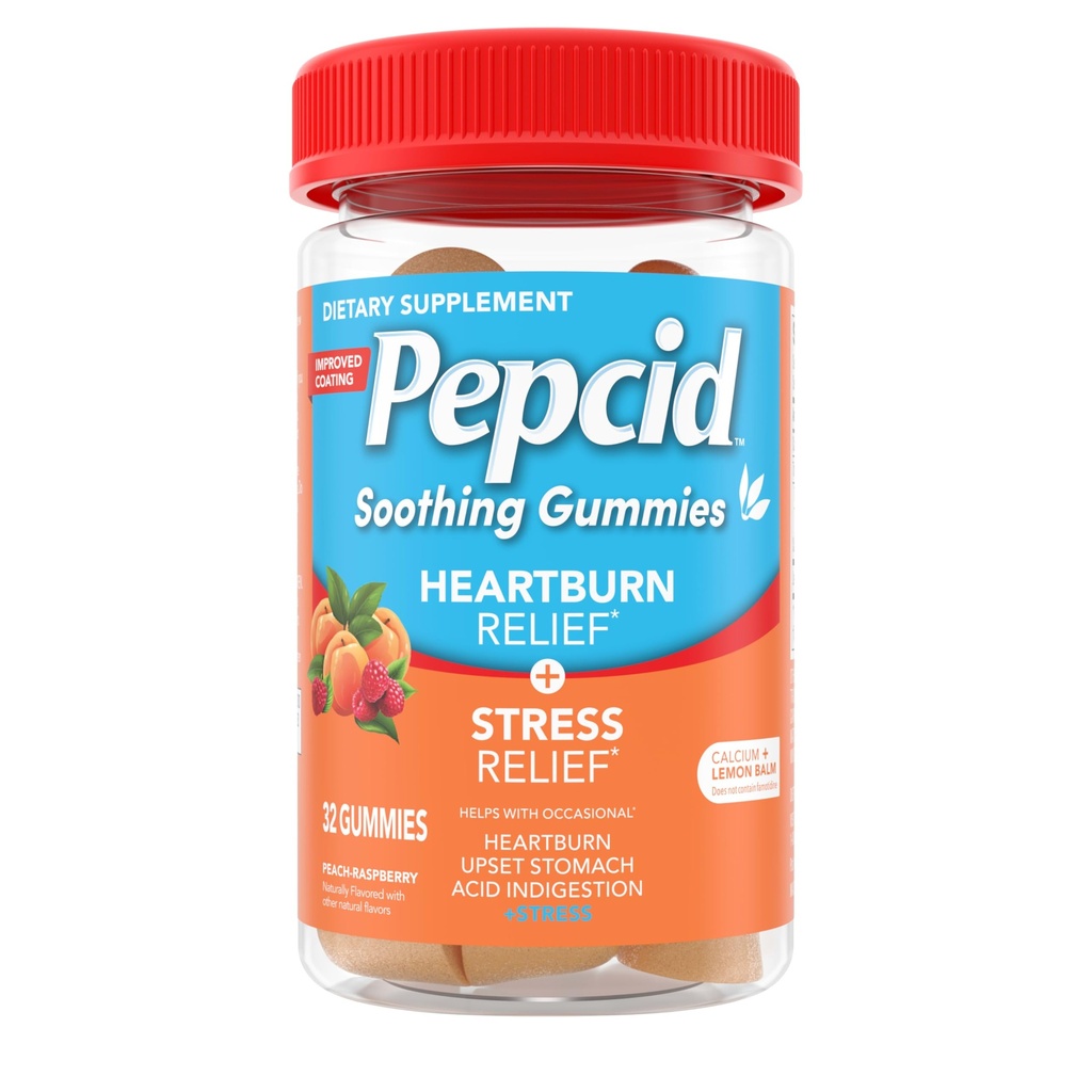 Pepcid Soothing Antacid Gummys, Heartburn Relief + 对偶发心骨的压力 Relief for Relication for Phental Heartburn, Upset Tomach, 以及酸性消化不良,配有柠檬巴姆提取剂,磷酸三钙,Peach-Raspberry, 32 cm