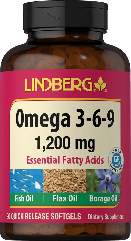 Lindberg Omega 3 6 9 补充 | 1200mg | 90 软糖 | 基本脂肪酸 | 与鱼,法拉士,和博拉吉油 | Non-GMO, Gluten Free