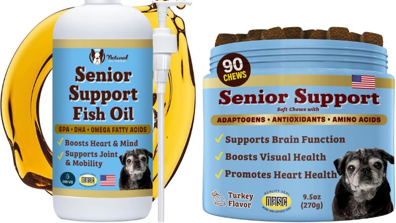 天然狗公司高级狗桶 – Omega 3 鱼油液体 16oz & 高级健康 90ct – 支持移动,大脑,心脏和眼部健康与涡轮,沙门,狮子马内和奥米加-3s