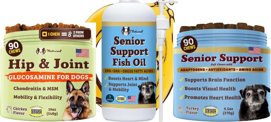 自然狗公司高级狗桶 – Omega 3 Fish Oil 16oz + 高级井 Chews 90ct + Hip & Joint Chews 90ct – 支持联合,大脑,心脏,眼睛,皮肤和与Omega-3s,狮子马内 & G的移动