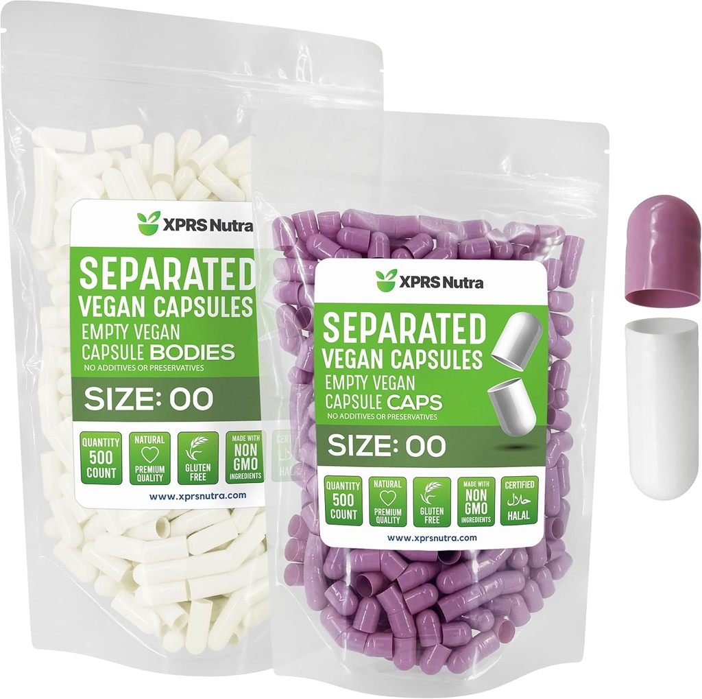 XPRS Nutra Vegan 大小 00 分离的顶盖 - 500 个在袋中分离的 Premium 空顶盖 - 00 空顶盖用于 DIY 补充填充( Lavender/ White)