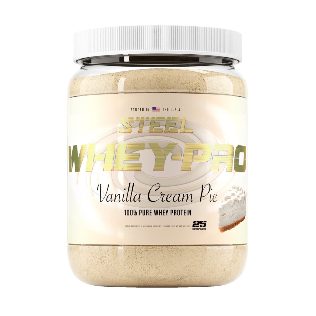 钢铁补充品 Whey-Pro 100% 纯 Whey 蛋白蛋白粉供男女使用 香草奶油 Pie + 肌肉增益和精液肌肉复苏 → Gluten Free → 1.65 lbs → BCAA 5g → 非GMO → 25 服务