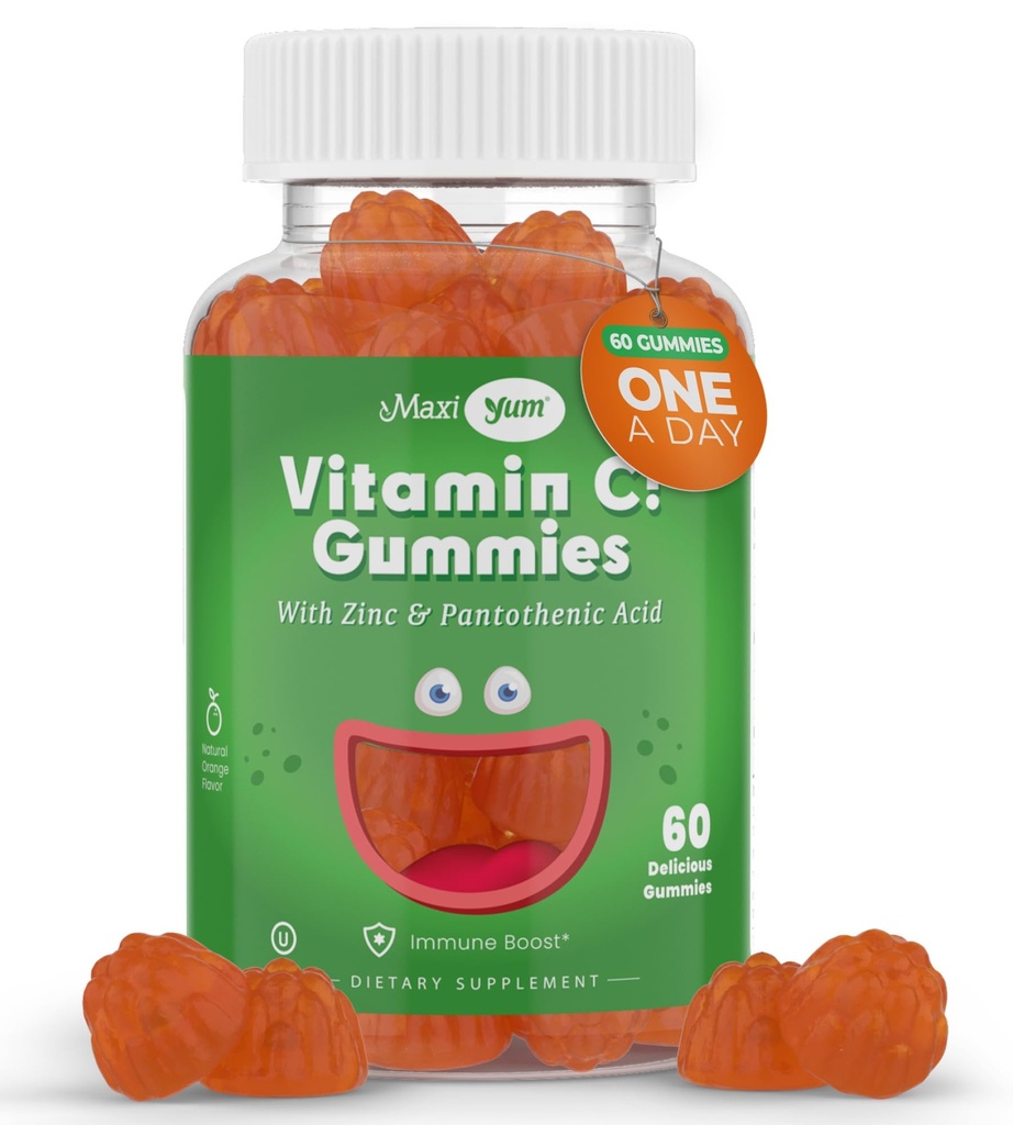 使用锌的Maxi-Health Vitamin C Gummys - 使用锌的Maxi-Health Vitamin C 用于儿童和成人的锌 - 呼吸支持和免疫促进剂 - 无防腐剂和人工燃烧剂 - 60个水果形状的Gummys