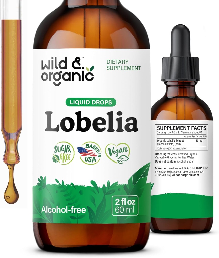 野生和有机Lobelia 叮当 - 草药肺清洁和除毒 - 液体Lobelia 提取补充 - Vegan,糖和无酒精草药滴 - 2 fl oz