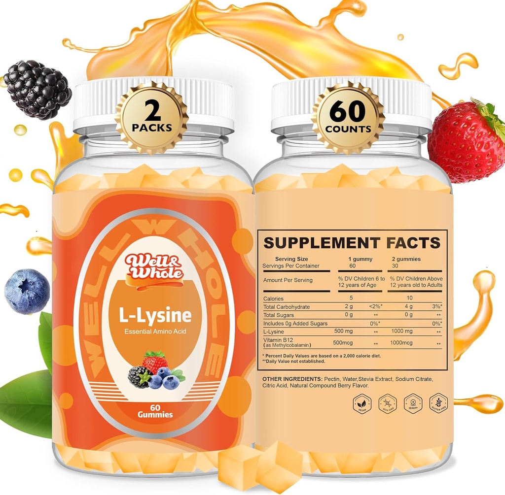 L-Lysine Gummys 1000mg - L-Lysine 儿童与成年人补充剂 - Lip and Cold Sore * 支持女性 - 配有维生素B12的可嚼Lysine Gummys - Vegan, Non GMO, Gluten-Free, 120个伯爵
