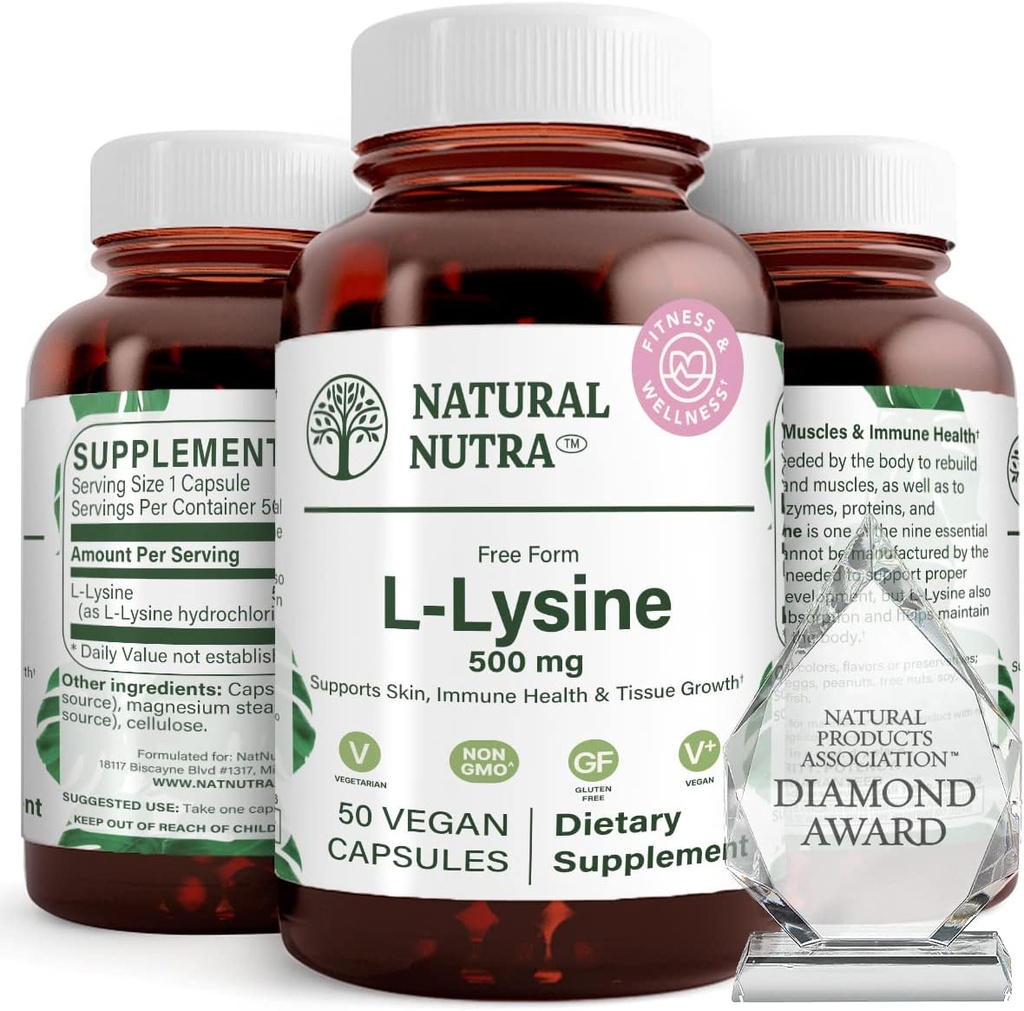 Natural Nutra L Lysine HCl,促进骨质健康与生长,支持皮肤健康,改善维生素C吸收,帮助构建Collagen,改善钙吸收,非GMO,Vegan,500 mg,50 Capsules.