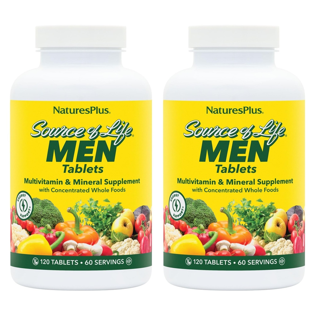 NaturesPlus 生活男源 - 120块平板,包2件 - 无铁多维生素和矿物补充品 - Saw Palmetto, Lycopene & Lutein - Gluten Free, Vegetarian - 120 总服务