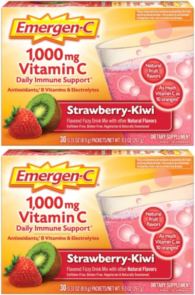 Emergen-C 1000mg 维生素C 粉,草莓 Kiwi Flavor,抗氧化剂,B 维生素和电解质,维生素C 支持免疫补充剂,30 count (Pack of 2)