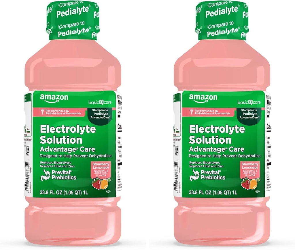   Basic Care Advantage Care Electrolyte Solution with Prevital Prebiotics, Strawberry Lemonade, Hydration Drink, Replenish Electrolytes, Fluid & Zinc, 33.8 Fl Oz (Pack of 2)