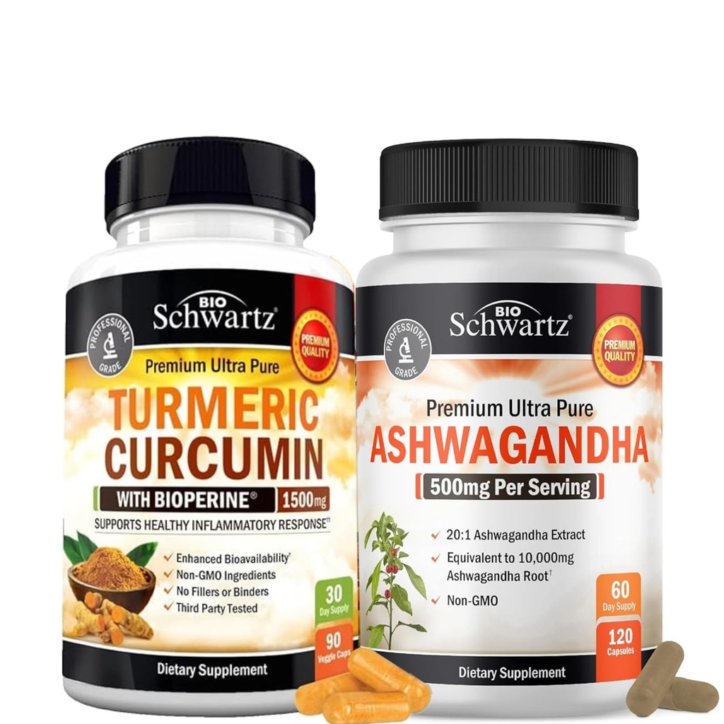 额外力量 Ashwagandha Capsules(2个月供应) + 带有黑色胡椒抽取 1500mg 复合体的涡轮曲霉素(试验大小)