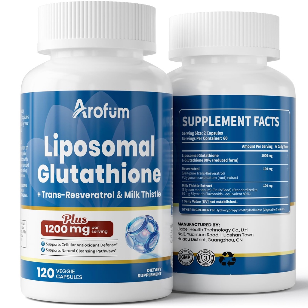 Liposomal Glutathione 1000mg, with Resveratrol & Milk Thistle | High Absorption Reduced Glutathione liposomal Supplement | 120 Vegan Capsules for Skin Health, Immune & Liver Support