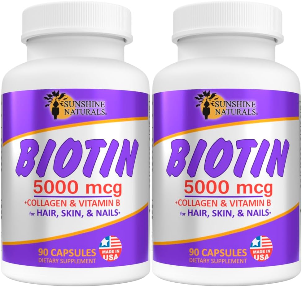 阳光自然生物素膳食补充剂. 健康皮,Thicker Hair, Nail Growth. Collagen),维生素A,B用于头发丢失,美容,细胞更新,Scalp健康. 5000mcg,90卡普尔. 包装 2