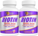 阳光自然生物素膳食补充剂. 健康皮,Thicker Hair, Nail Growth. Collagen),维生素A,B用于头发丢失,美容,细胞更新,Scalp健康. 5000mcg,90卡普尔. 包装 2
