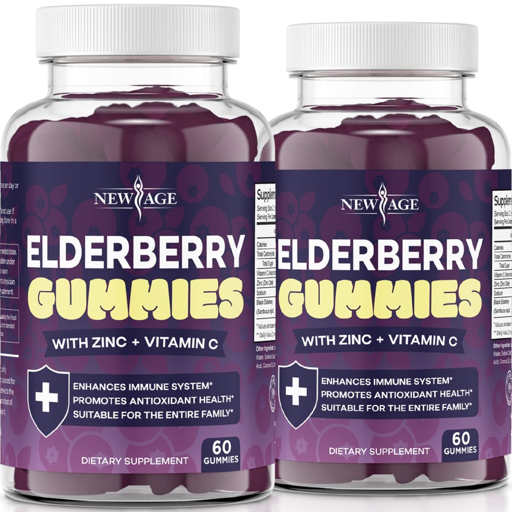 新AGE (2-Pack) 给有维生素C,锌,Propolis的成年人的草莓精品 - Sambucus Black Elderberry Gummy 提取 - Gluten Free & Vegetarian - 120 Gummis
