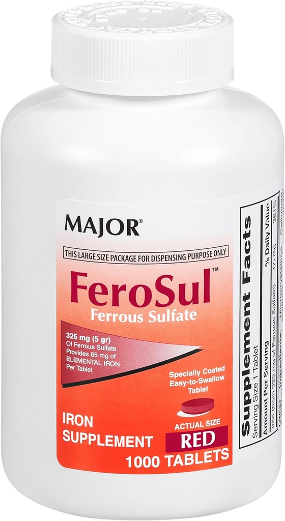 FeroSul少校 - Ferrous Sulfate 325 mg 平板电脑 - 男女铁辅料 - 特制的易吞片 - 红色 - 1000 平板电脑