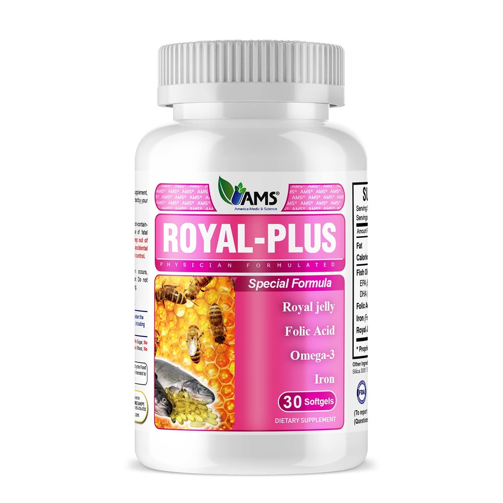 美国医学和科学 皇家-Plus(30软胶) QQ 皇家Jelly产前女性维生素 QQ 含鱼油 Omega-3脂肪酸和叶酸的铁辅料 QQ 孕期维生素