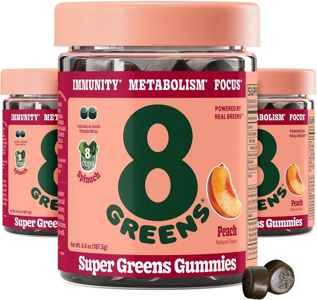 8 绿色超绿色 Gummys 超级绿色超食品 Gummys 超级绿色超食品 Gummy for代谢,豁免和聚焦,消化性健康酶,有机:Chlorella, Spiruina, Aloe Vera, Peach Flavor, 150 Count