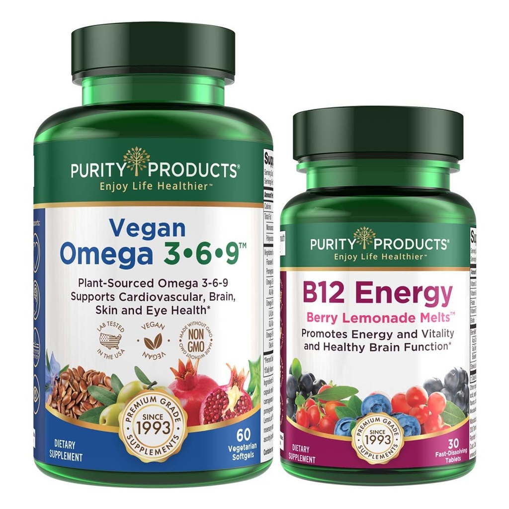 纯净产品包-Vegen Omega 3-6-9 + B-12 能量熔化 Omega 3-6-9(“5 in 1”) 植物基 Omega 3 6 9 基本脂肪酸复合物-B12 贝里熔化物(Methylcobalamin B12 + B6 + D3 + More)