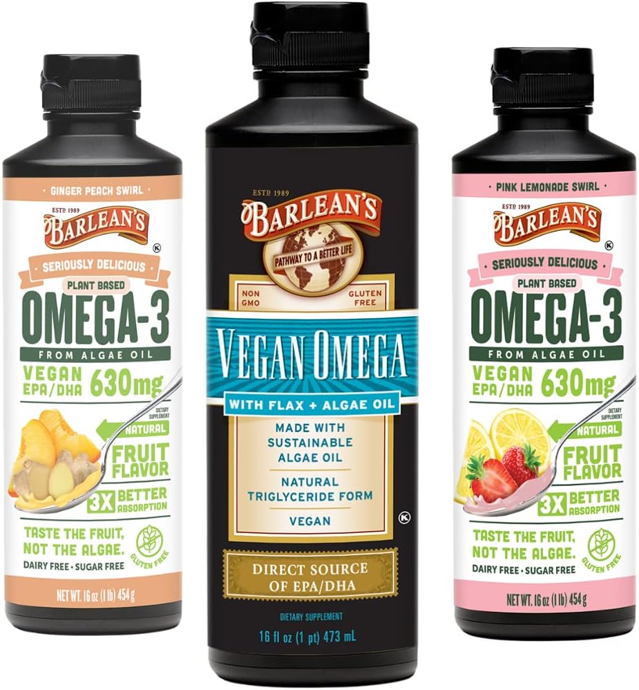 Barlean的Vegan Omega 3 Algae Oil Liquid 补充油桶,包括Flaxseed和Algae Oil Blend、Ginger Peach和Pink Lemonade Flavors、环保局和DHA脂肪酸