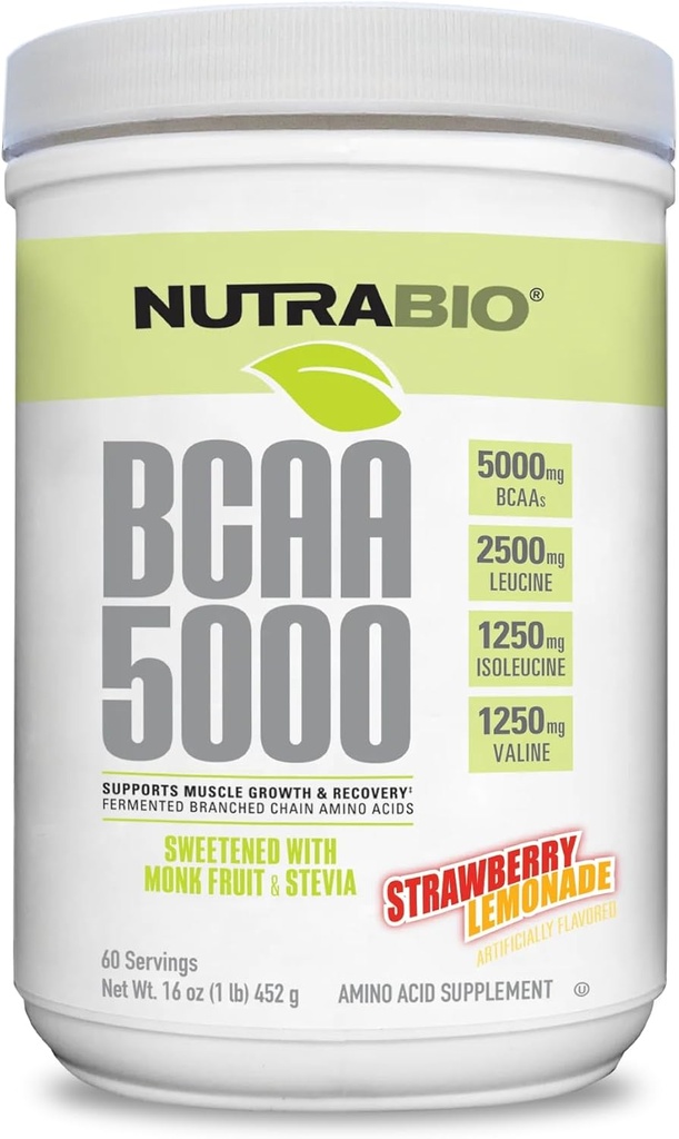 NutraBio BCAA 5000 Powder - 为肌肉生长和复苏而发酵的分枝链氨酸 - 天然火焰、甜菜和彩色、Vegan、Gluten Free - 草莓柠檬水,60种