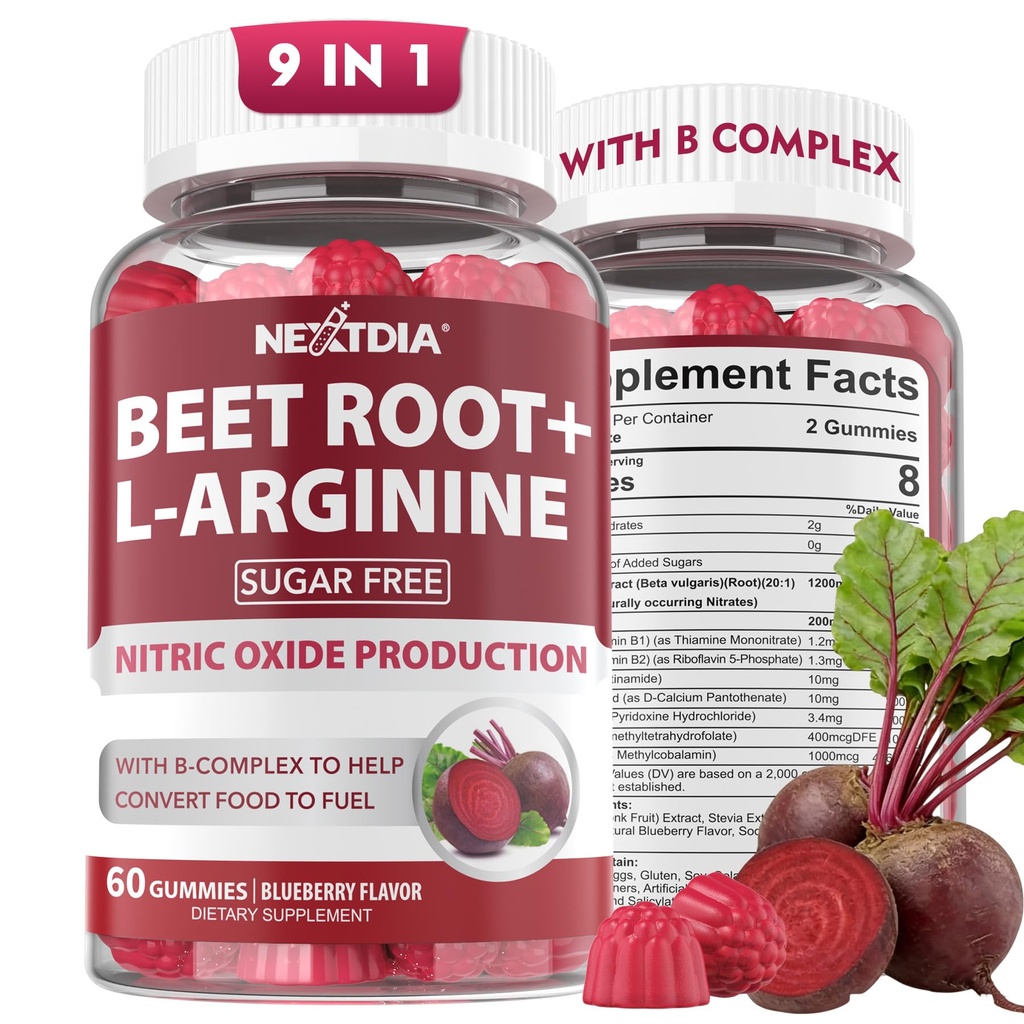 Beet Root Gummys & L-Arginine, Nitric Oxide Supplements for Men & Men & Women w/Organic Beets, B1, B2, B3, B5, B6, Folate, B12 for Energy Boost & 流通支持,无糖, 120 Cts