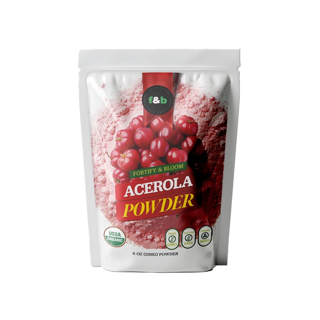 f&b 超级食品 纯有机 Acerola 樱桃粉 冷冻干燥(8oz),有机维生素C 用于Immune System Booster, Smoothie, Cherry Juice, acerola Vitamin c Bulk Powder, 巴西起源.