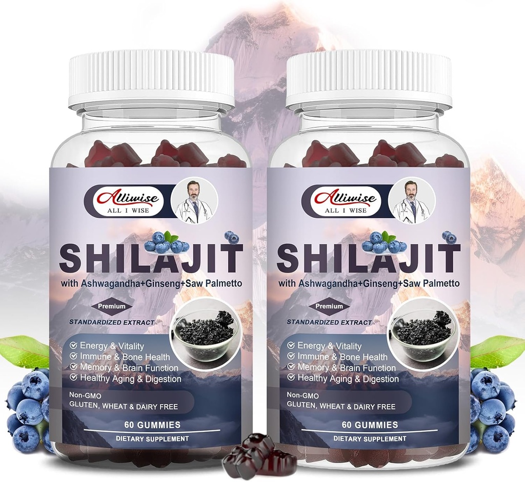 Shilajit Gummys for Men and Women, Shilajit Pure Himalayan 原创多面增刊, Shilajit Ashwagandha & 高端矿物和富尔维酸促进能源、力量和豁免, 60 服务
