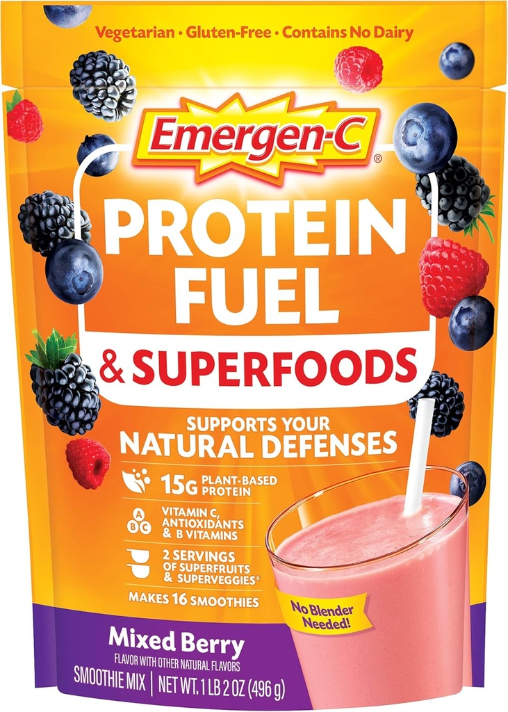 Emergen-C 蛋白质燃料和超级食品(16种服务、混合莓火药) 植物和蔬菜 与有机超级食品、维生素C和其他抗氧化剂混合