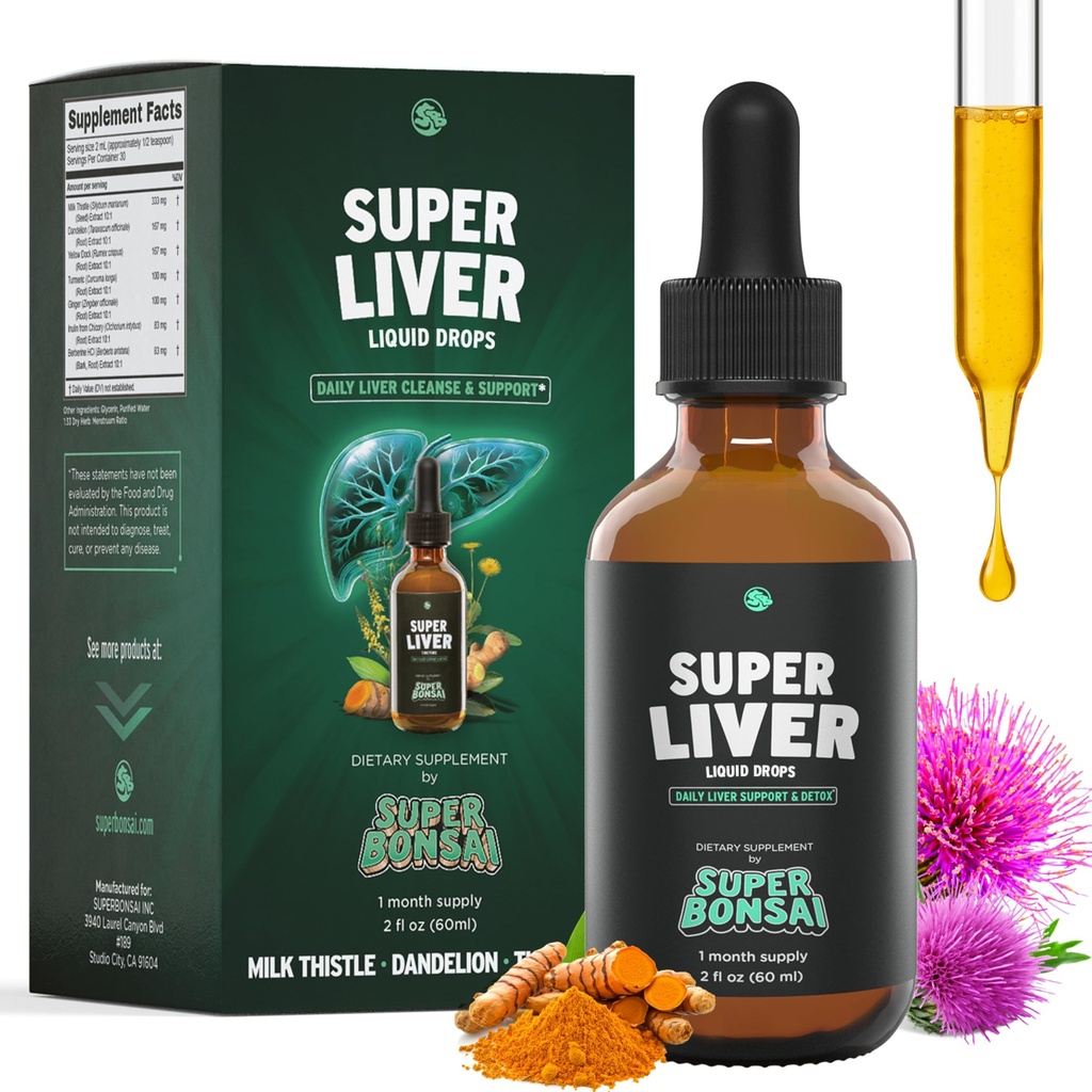 SuperBonsai Super Liver Support with Milk Thetle - All Natural Liver cleanse Detox & Reference Aid - Doctor-Formured Liver 补充 - Liver 液体草药补充剂 - Liver 健康 - 1个月供应