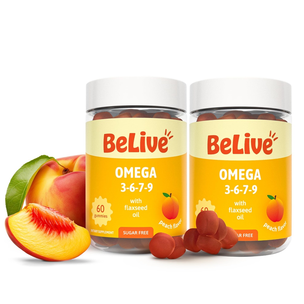 BeLive Organic Omega 3 Gummys - Omega 3 6 9 7 DHA & EPA from Flaxseted Oil & Sea Buckthorn Frue Oil, Vegan, for Kids & Adults, Full Body, Brain & Eight Supports, Sugar Free – Peach → 2-Pack (英语:Peach → Beach → 2-Pack),为儿童与成人,全体,脑与眼睛支持,无糖 – Peach → 2-Pack的DHA & EPA和EP.