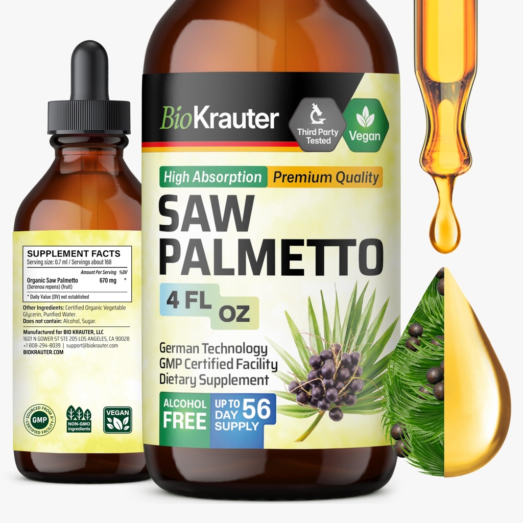 BIO KRAUTER Saw Palmetto Extract - Vegan Saw Palmetto 男女配音 - 泌尿支持 - 酒精和糖自由 - 4 Fl.Oz.