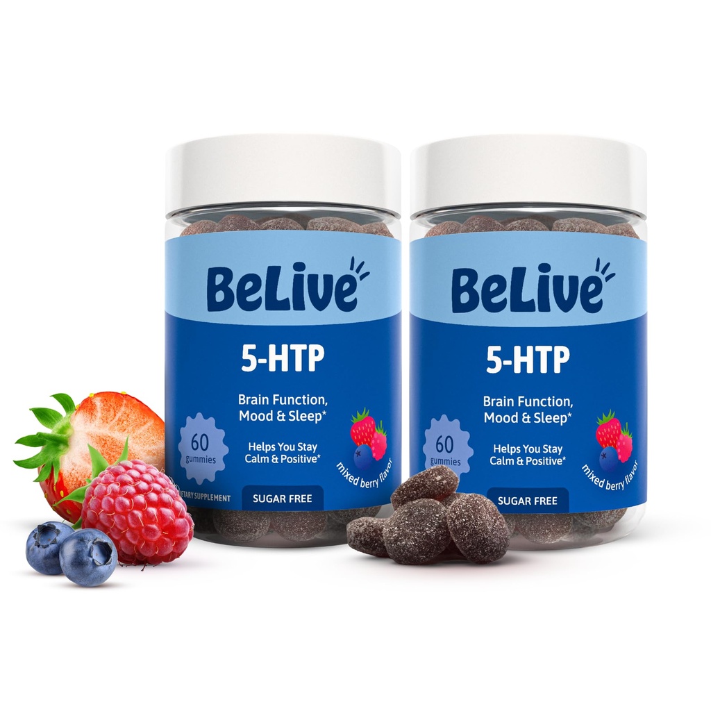 BeLive 5-HTP Gummys – 2 Pack - 120 Ct I 5HTP 将Gummys镇定为重心,放松和成年人休息的QQ Vegan - 混合贝里丝 Flavor