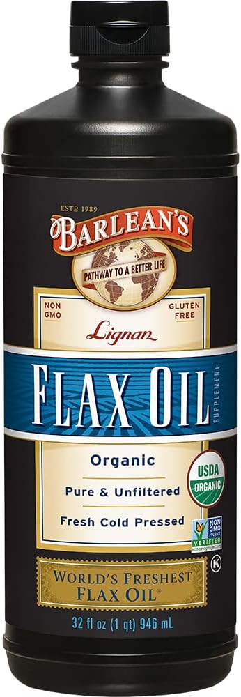 Barlean的有机Lignan Omega 3 Flaxseed Oil Liquid Supplement for Men and Women, Cold Press Flax Seeds, 7230mg ALA Fatty Acid, Vegan and Gluten Free, 32 oz (英语).