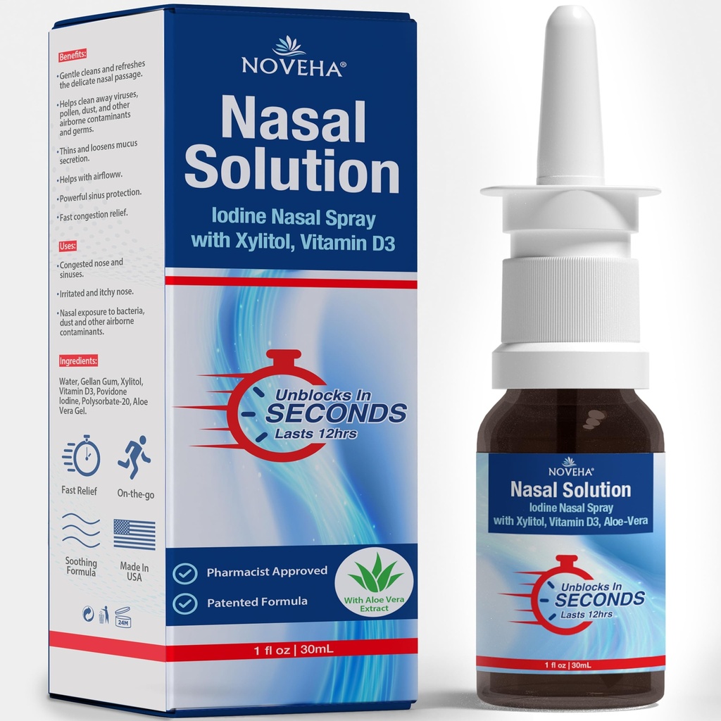 NOVEHA 鼻腔喷雾器-1% Povidone-碘喷雾器,维生素D3,Aloe-Vera-鼻腔清洁器(30mL)
