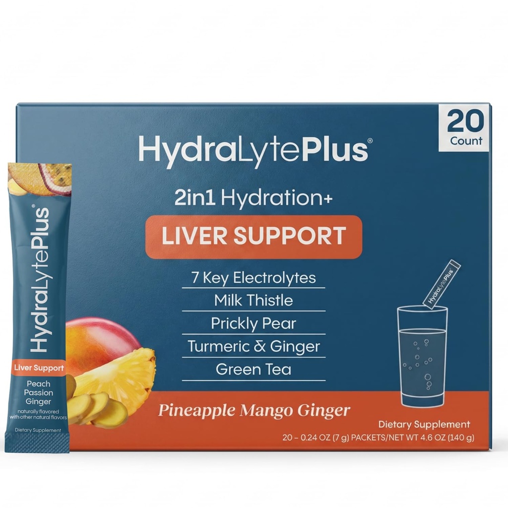 Hydrlyte Liver 支持 + 电解混合 与 Milk Thetle, Turmeric, Ginger, Prickly Peear, 绿色 茶叶提取 用于快速补水(Pineapple Mango Ginger, 20 Packets)