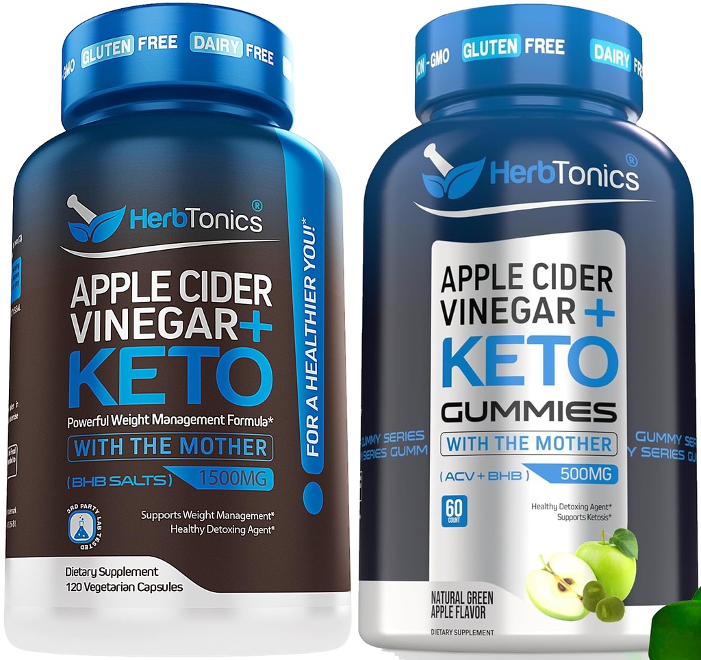 Herbtonics Apple Cider Vinegar Capsules with Keto BHB - 支持文摘,Detox,以及男女代谢,无糖,Keto公式.