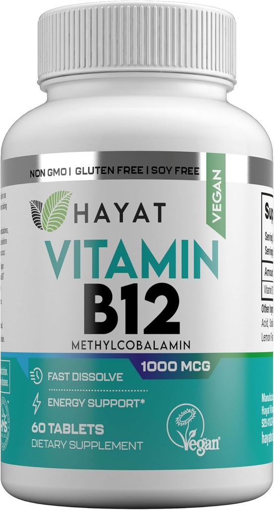 HAYAT 维生素 Vegan 天然维生素 B12 1000 MCG, 能量代谢支持的饮食补充, 2个月供应,全天然,经认证的Halal, 60片,美国制造